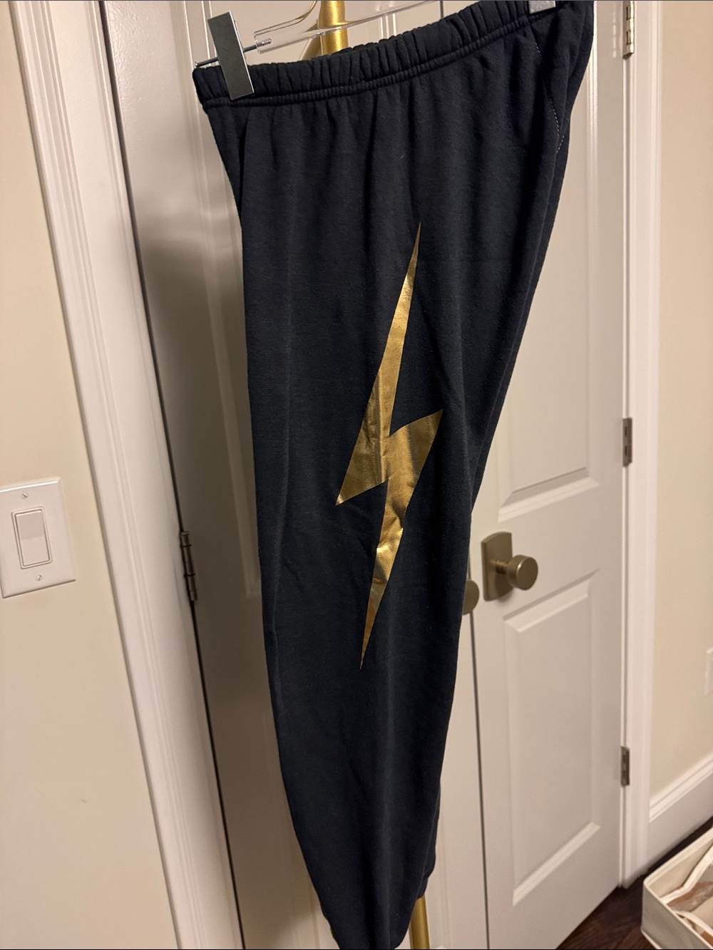 Aviator Nation Black Joggers with Gold Lightning Bolt